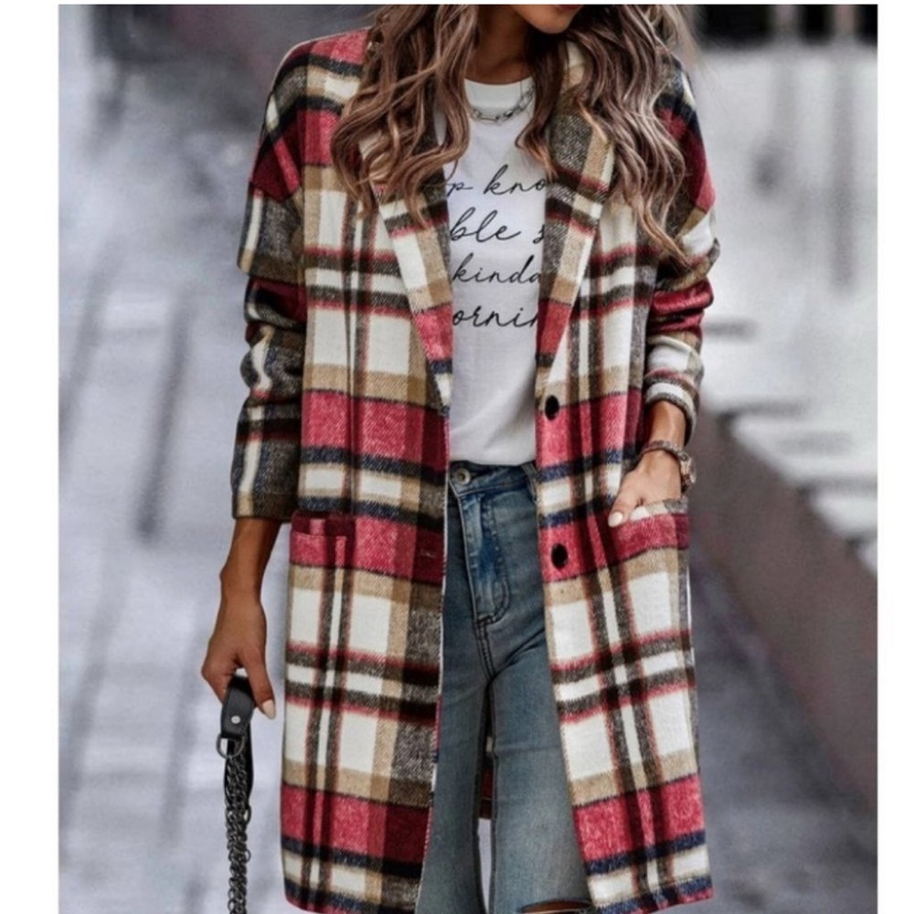 Double Pocket Lapel Neck Plaid print Casual Overcoat Jacket red